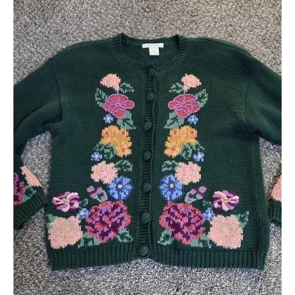 VTG Robin Sinklet Green Floral Button Down Cardigan Sweater Size Large - Picture 2 of 7